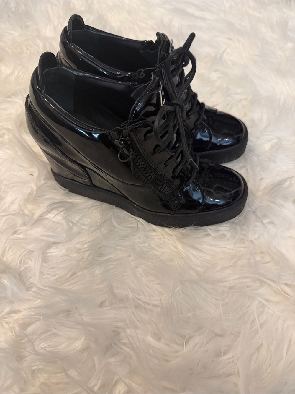 Giuseppe Zanotti Black Patent Wedge Lace-Up Sneakers 39.5